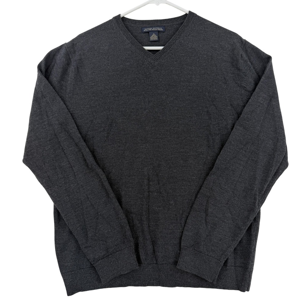 Banana Republic Sweater Mens Medium Gray Extra Fine Merino Wool V Neck Pullover